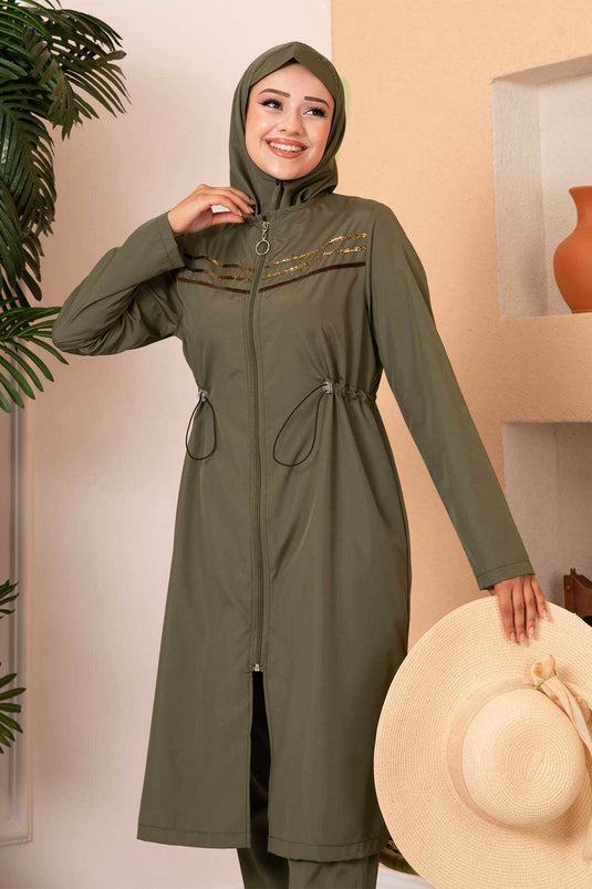 Wasserdichter Hijab-Badeanzug mit Streifendetail, Khaki