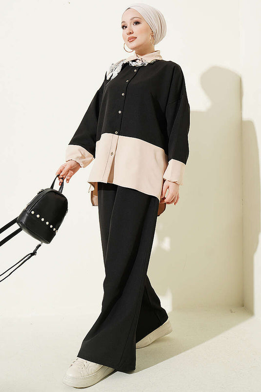 Two-Piece Set with Color Block Scarf Black