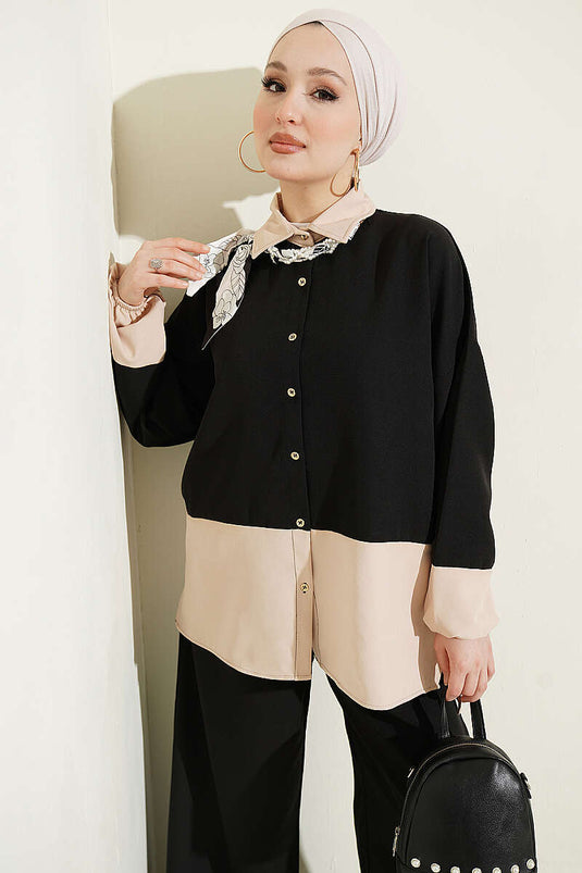 Two-Piece Set with Color Block Scarf Black