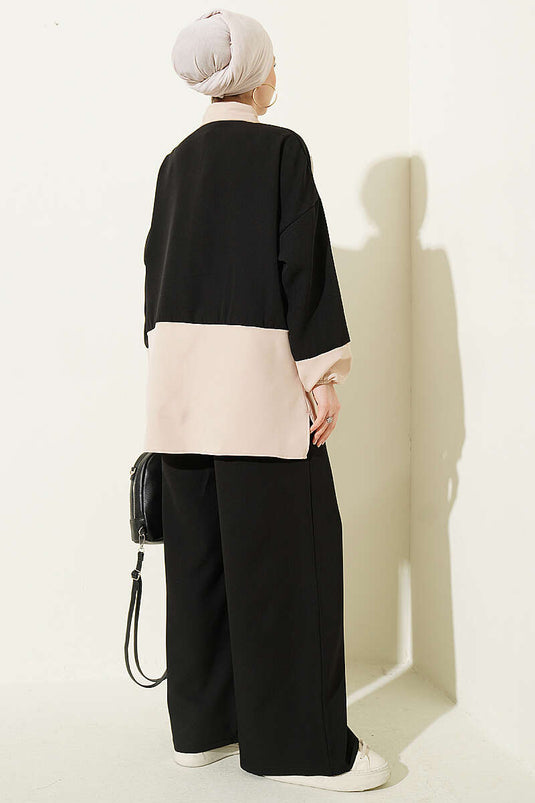 Two-Piece Set with Color Block Scarf Black