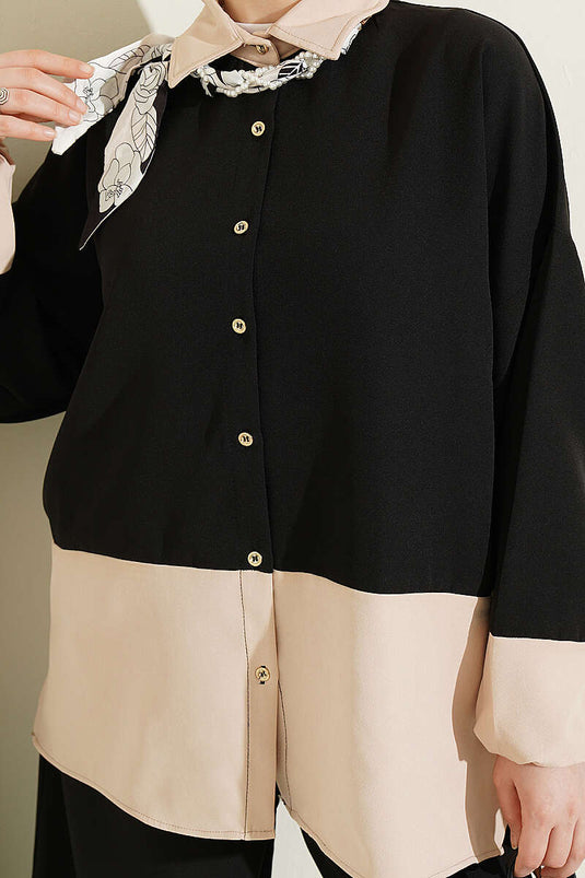 Two-Piece Set with Color Block Scarf Black