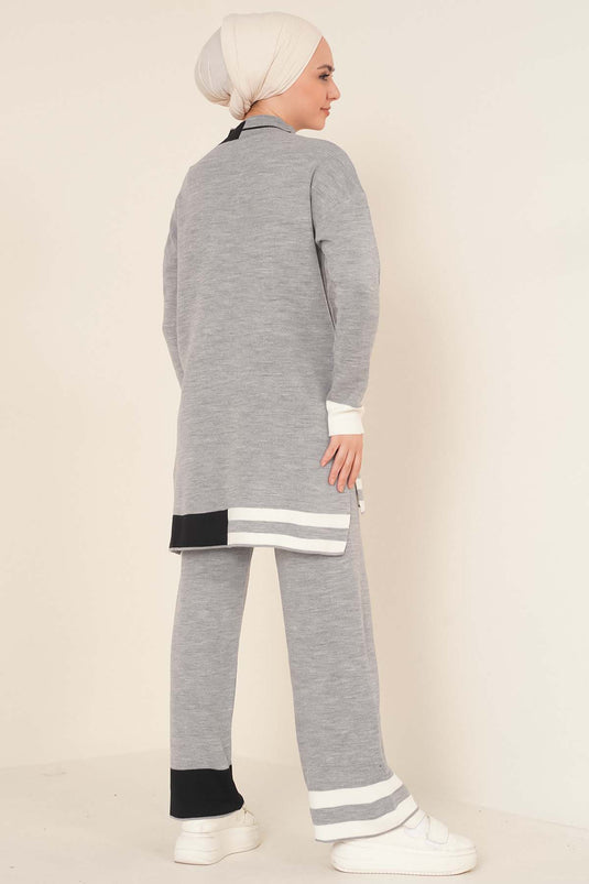 Color Detailed Knit Two-Piece Set Gray