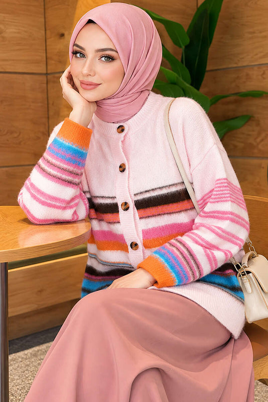 Colorful Striped Buttoned Knit Cardigan Pink