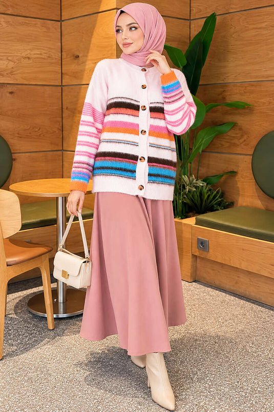 Colorful Striped Buttoned Knit Cardigan Pink