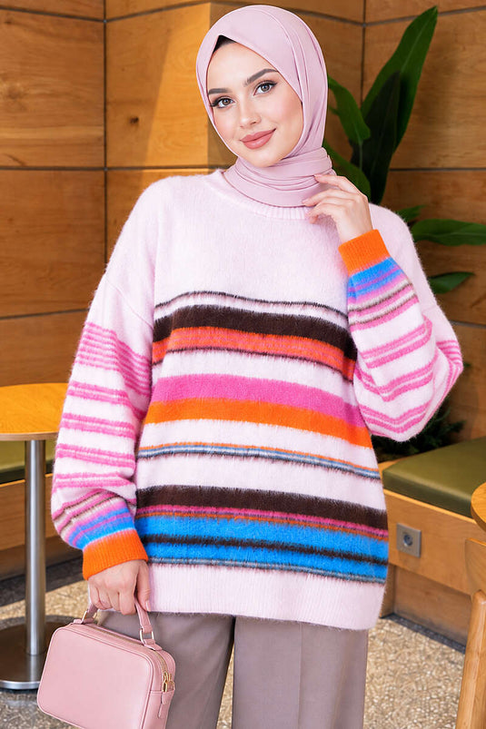 Bunte Gestreifte Kuschelige Stricktunika Rosa