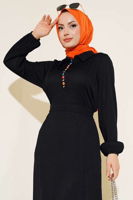 Colorful Buttoned Front Dress Black