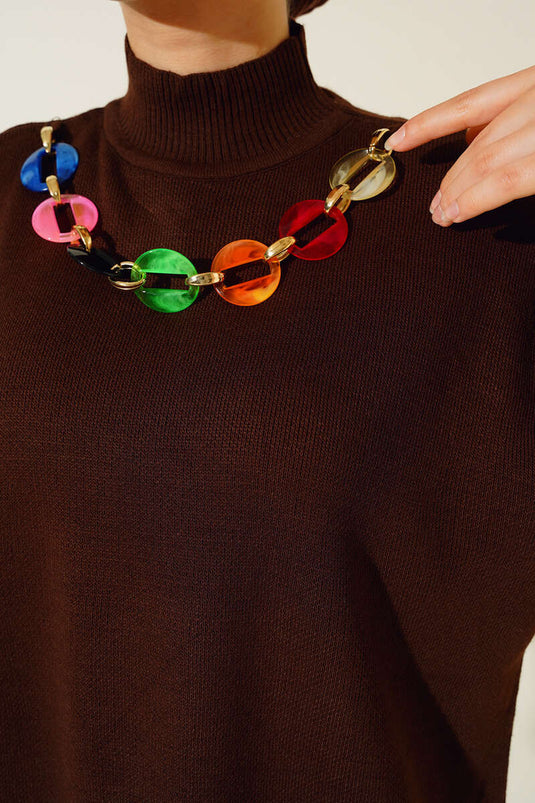 Colorful Necklace Detail Knit Two-Piece Set Brown