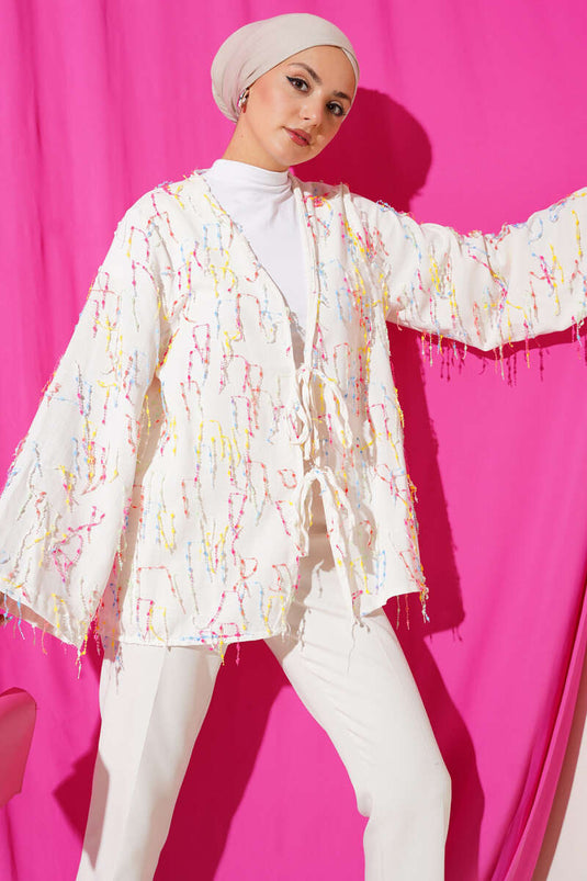 Renkli Püsküllü Bağlamalı Kimono Bej