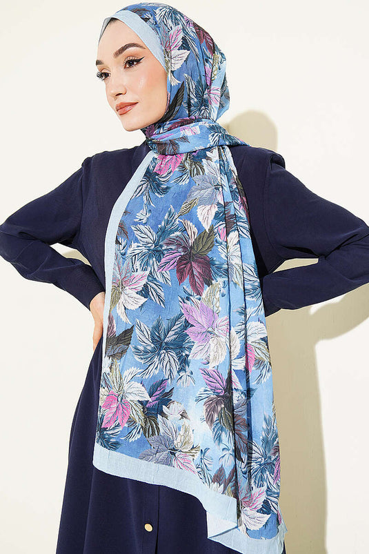 Écharpe À Motif De Feuilles Colorées En Bleu