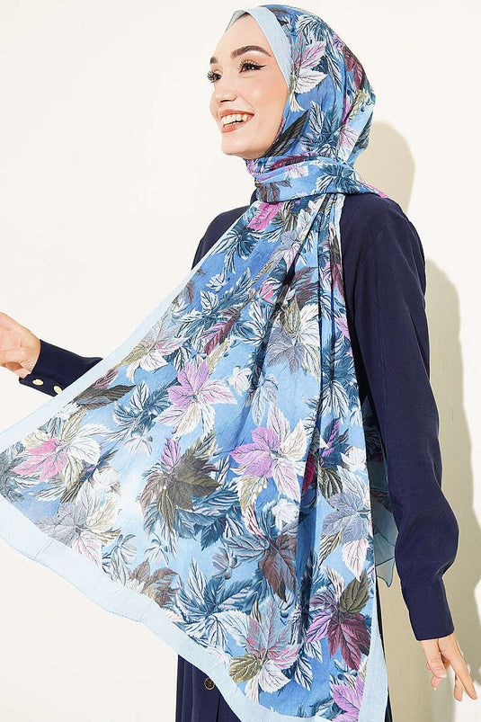 Écharpe À Motif De Feuilles Colorées En Bleu