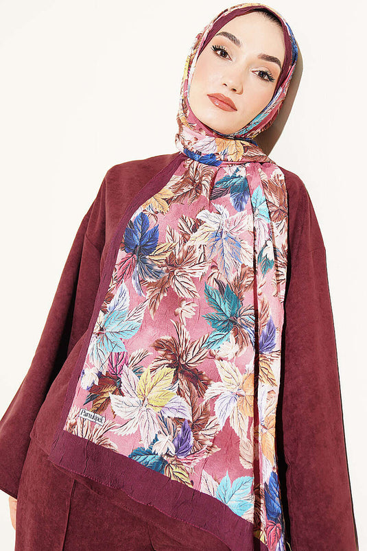 Écharpe À Motif Feuilles Colorées En Aubergine