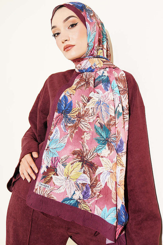 Écharpe À Motif Feuilles Colorées En Aubergine