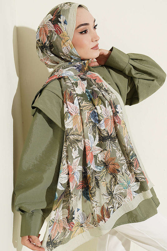 Colorful Leaf Patterned Shawl In Aqua Green