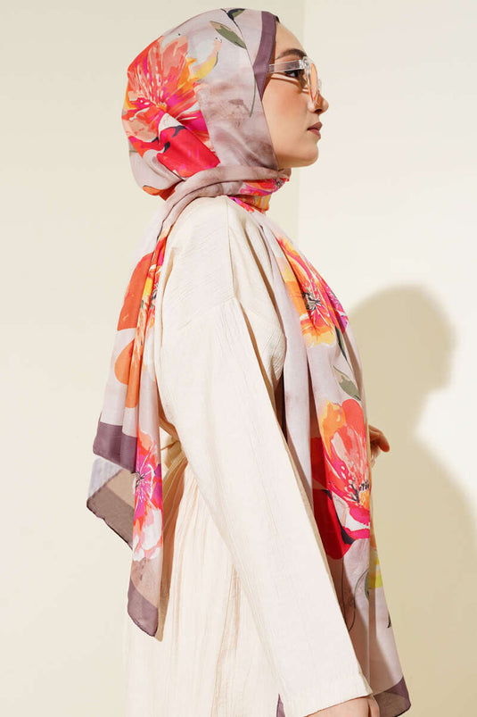 Retro Çiçek Desenli Şal Mocha