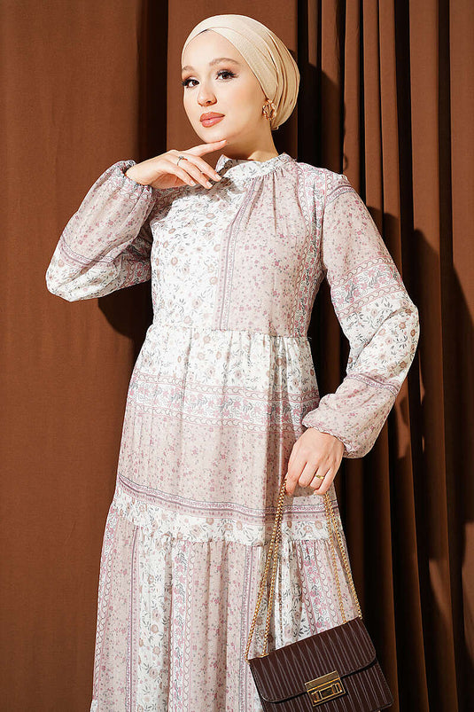 Beiges Retro-Blumen-Chiffon-Kleid
