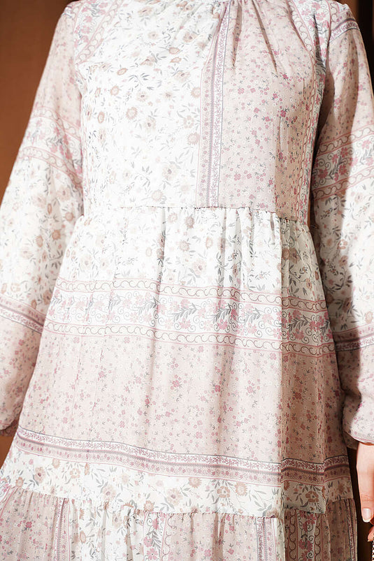 Beiges Retro-Blumen-Chiffon-Kleid