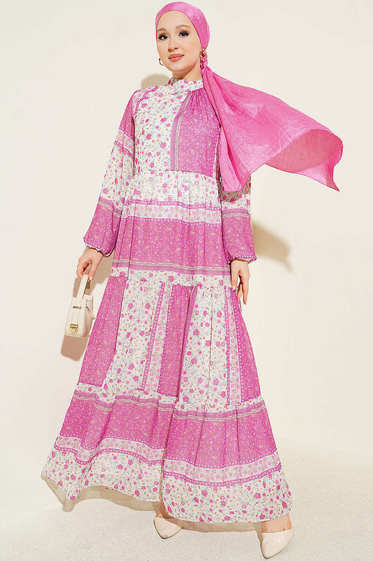 Retro Blumen Chiffon Kleid Fuchsia