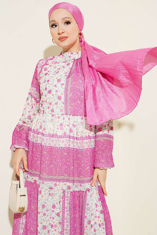 Retro Blumen Chiffon Kleid Fuchsia