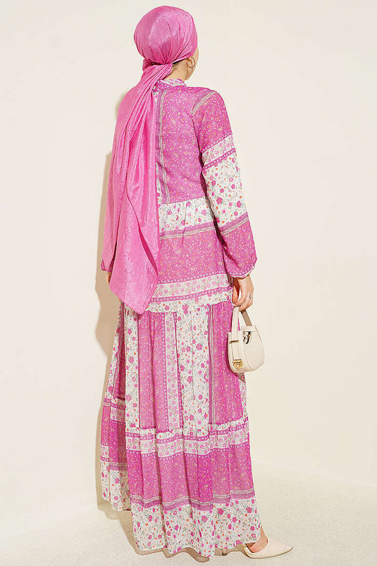 Retro Blumen Chiffon Kleid Fuchsia