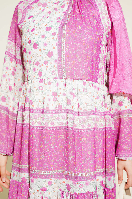 Retro Blumen Chiffon Kleid Fuchsia