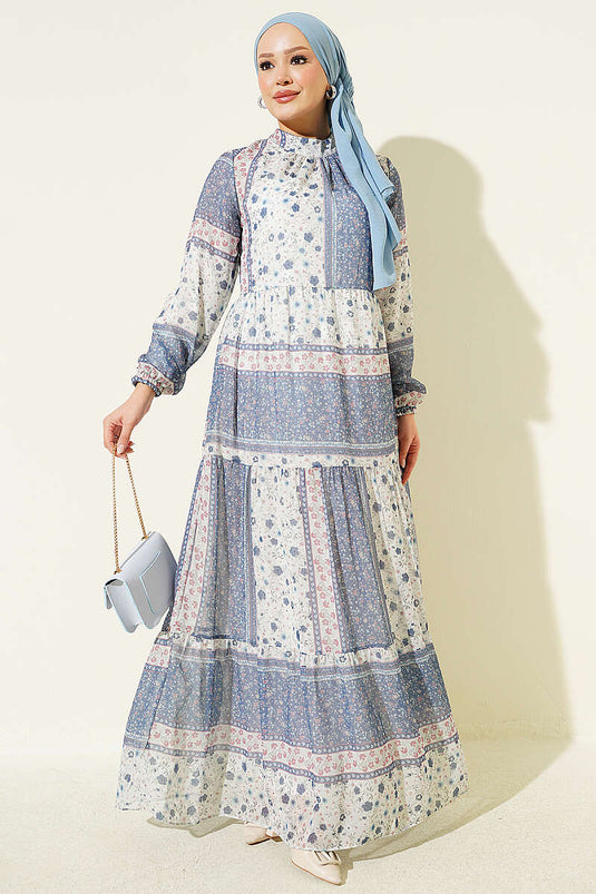 Robe En Chiffon À Fleurs Rétro Marine