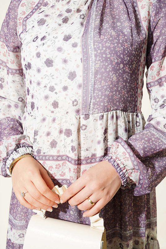 Vestido De Gasa Con Estampado Floral Retro Lila