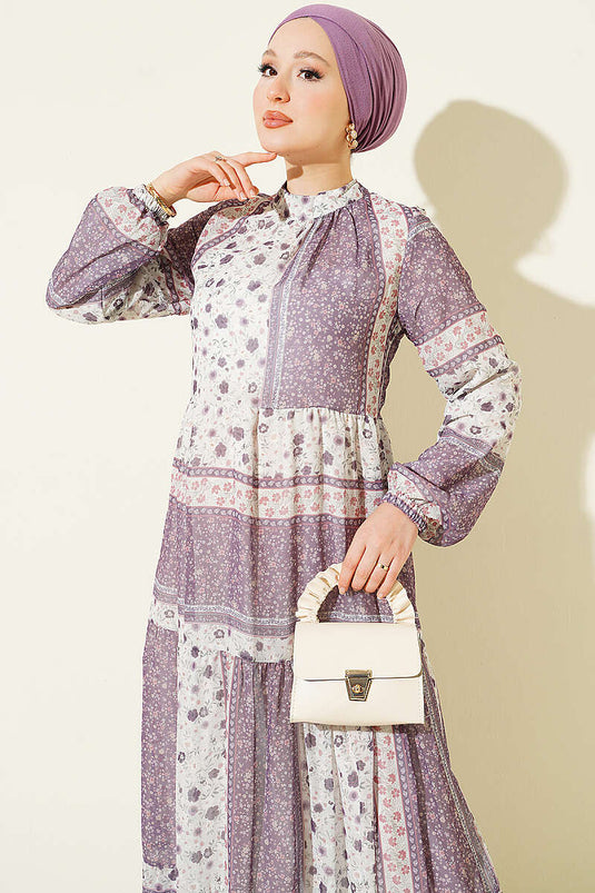 Vestido De Gasa Con Estampado Floral Retro Lila