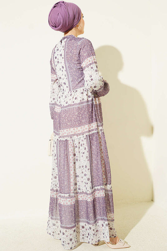 Vestido De Gasa Con Estampado Floral Retro Lila