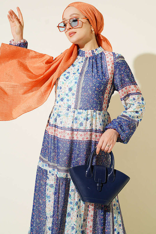 Robe En Chiffon À Fleurs Rétro Bleue
