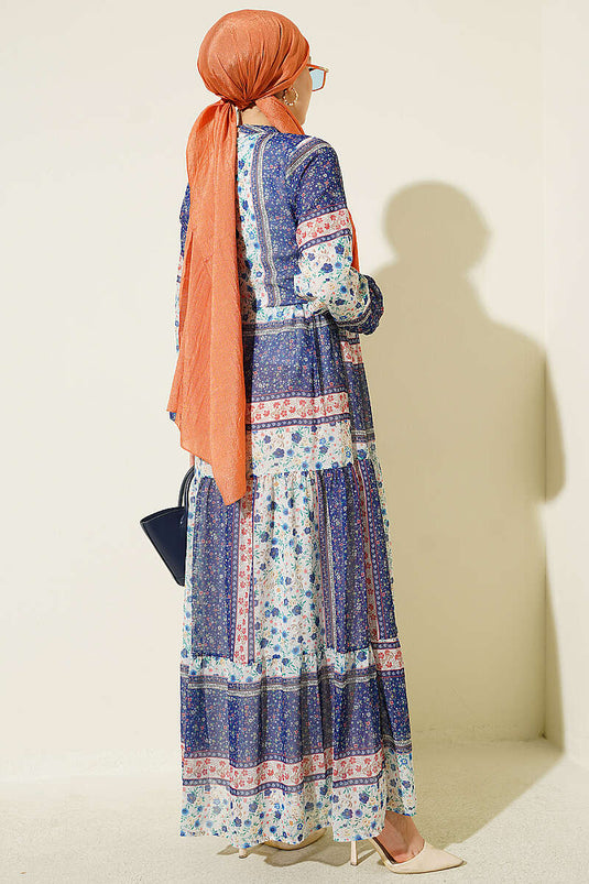 Robe En Chiffon À Fleurs Rétro Bleue
