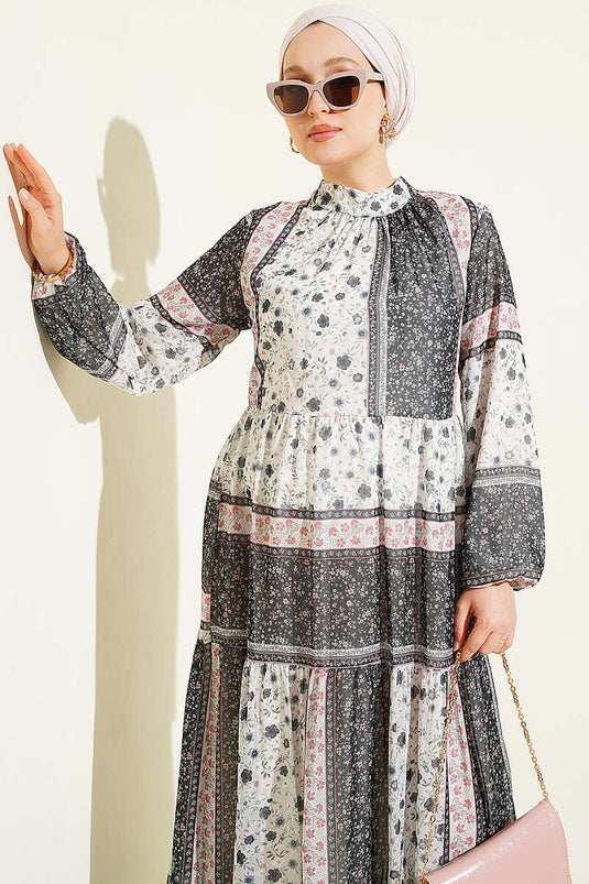 Retro Blumen Chiffon Kleid Schwarz