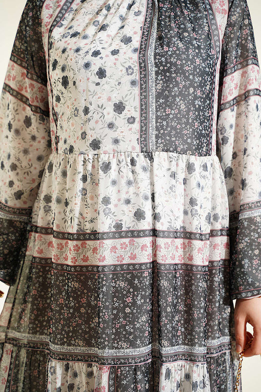 Retro Blumen Chiffon Kleid Schwarz