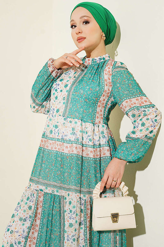 Robe En Chiffon À Fleurs Rétro Verte