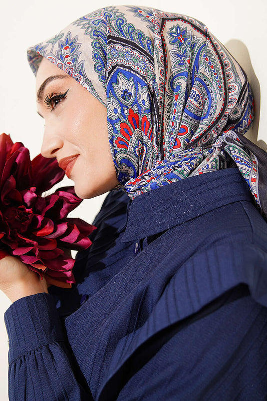 وشاح أنيق بنمط ريترو باللونين الأزرق الداكن والرمادي