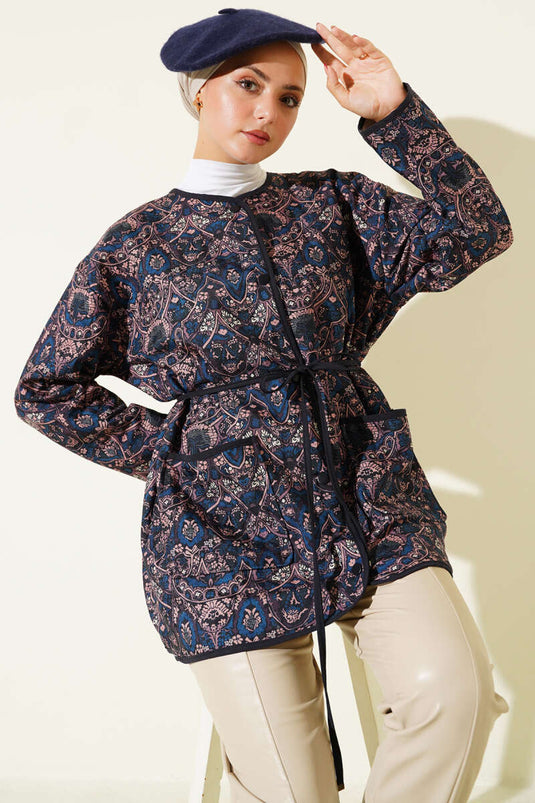 Retro Desen Kapitone Ceket Lacivert