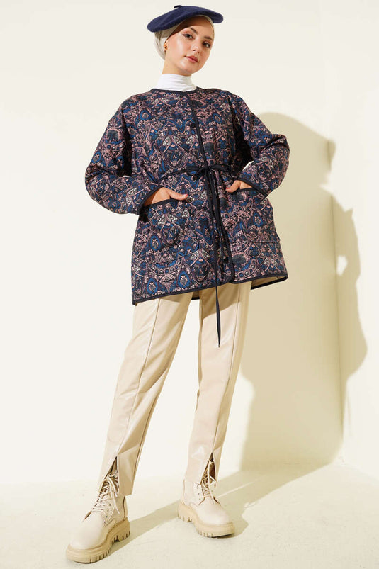 Retro Desen Kapitone Ceket Lacivert