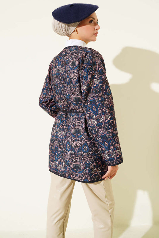 Retro Desen Kapitone Ceket Lacivert