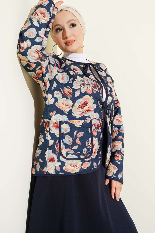 Veste courte matelassée à motif rétro bleu marine