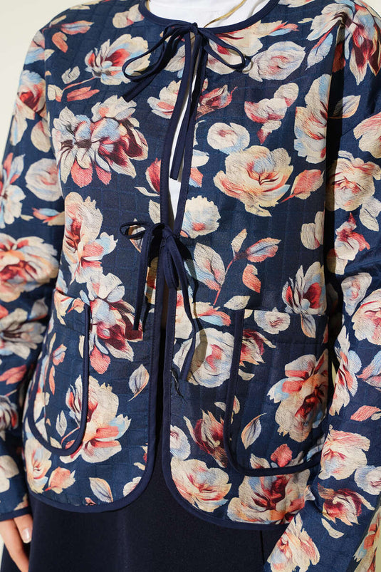 Veste courte matelassée à motif rétro bleu marine