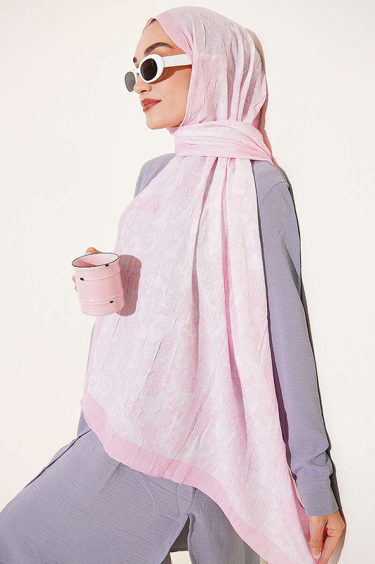 Retro Desenli Bambu Kraş Şal Pembe