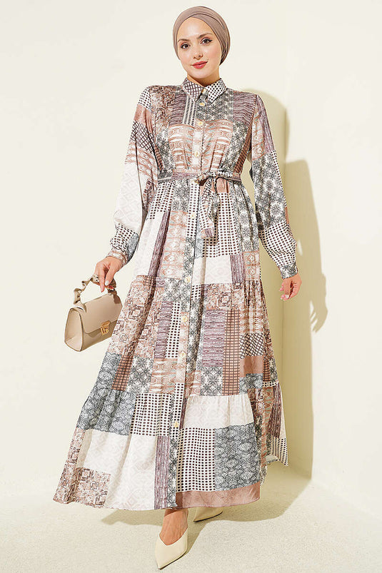 Vestido Largo Con Botones Y Estampado Retro Beige