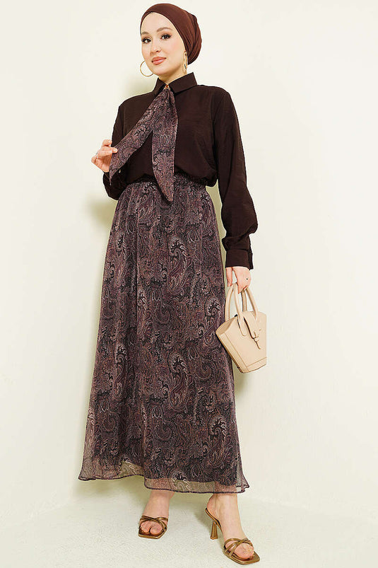 Ensemble Deux Pièces Jupe à Foulard à Motifs Rétro Marron Foncé