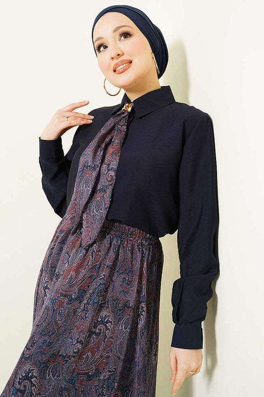 Ensemble Deux Pièces Jupe à Foulard à Motifs Rétro Bleu Marine