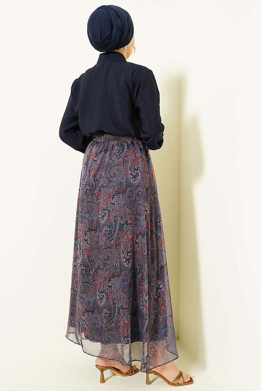 Ensemble Deux Pièces Jupe à Foulard à Motifs Rétro Bleu Marine
