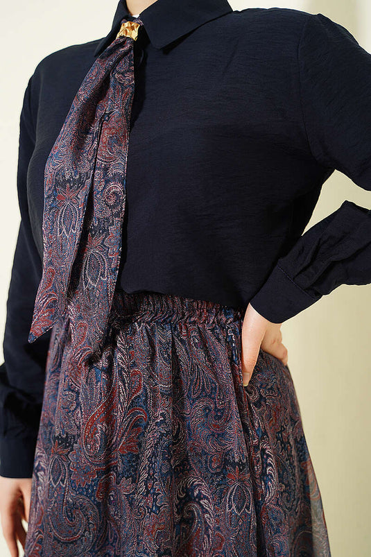 Ensemble Deux Pièces Jupe à Foulard à Motifs Rétro Bleu Marine