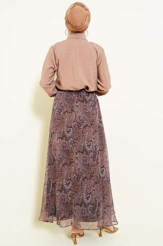 Ensemble Deux Pièces Jupe à Foulard à Motifs Rétro Couleur Vison