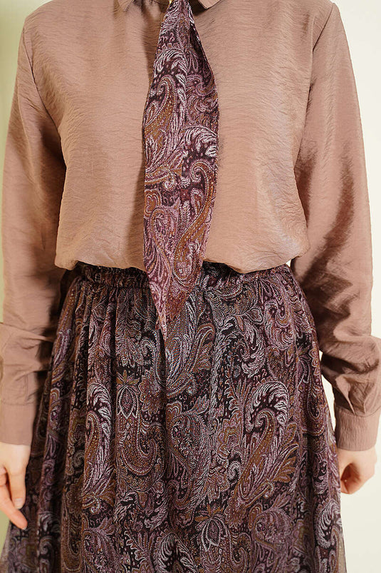 Ensemble Deux Pièces Jupe à Foulard à Motifs Rétro Couleur Vison