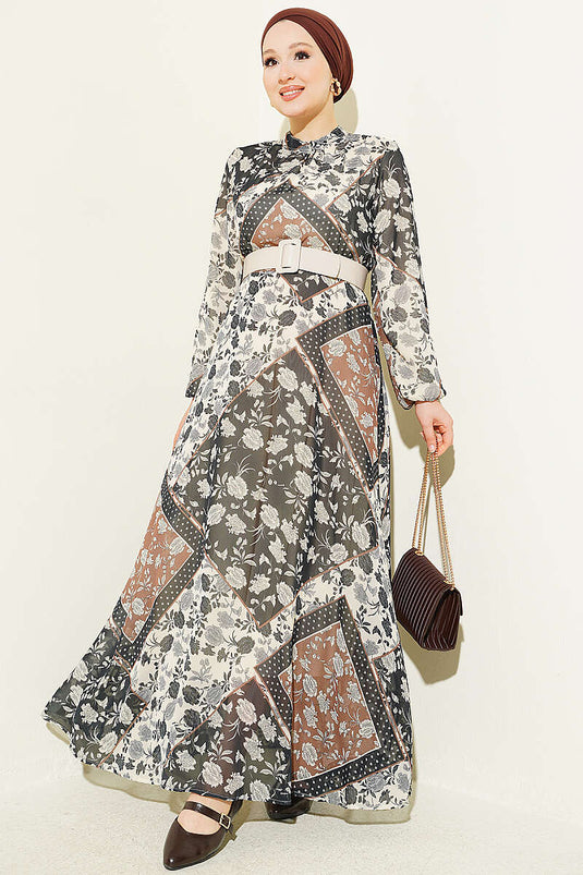 Robe En Chiffon À Motif Rétro Couleur Café