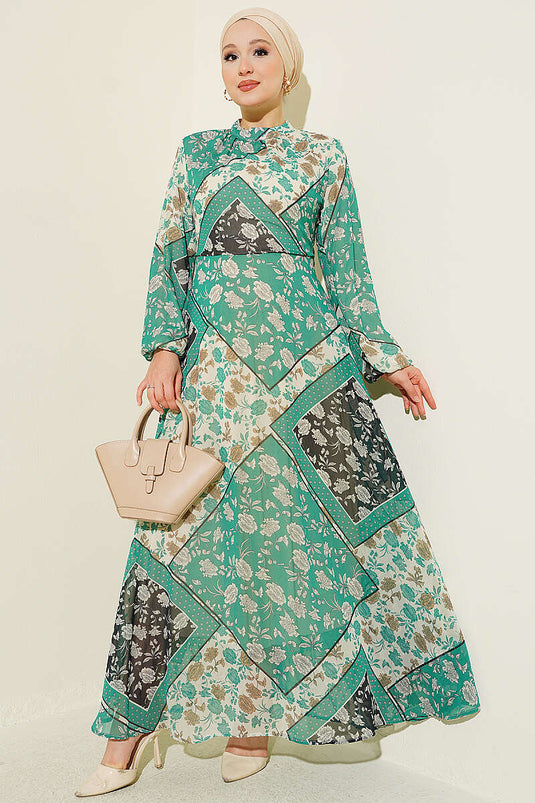 Robe En Chiffon À Motifs Rétro Vert