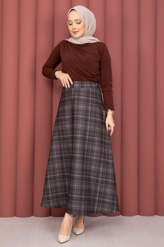 Retro Plaid Pattern Scuba Skirt Beige